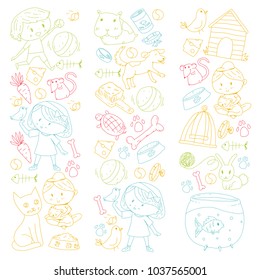 Pet shop, zoo, veterinary. Kindergarten small children. Kids plays with animals. Vector pattern woth cat, hamster, dog, bunny, rabbit. Study, care and play