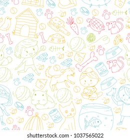 Pet shop, zoo, veterinary. Kindergarten small children. Kids plays with animals. Vector pattern woth cat, hamster, dog, bunny, rabbit. Study, care and play