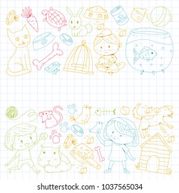 Pet shop, zoo, veterinary. Kindergarten small children. Kids plays with animals. Vector pattern woth cat, hamster, dog, bunny, rabbit. Study, care and play
