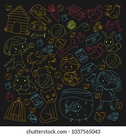 Pet shop, zoo, veterinary. Kindergarten small children. Kids plays with animals. Vector pattern woth cat, hamster, dog, bunny, rabbit. Study, care and play