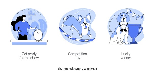 Pet show isolated cartoon vector illustrations set. Get ready for the show, competition day, agility and obedience, dog winner with a cup and medal, canine sports, golden award vector cartoon.