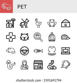 pet simple icons set. Contains such icons as Chameleon, Scratching post, Guide dog, Ostrich, Frog, Dog food, Veterinary, Cat, Paw print, Bird cage, can be used for web, mobile and logo