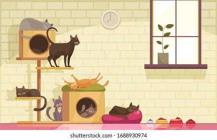 Pet sitter cats composition with indoor view of room with window and cats cradles with food vector illustration