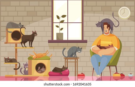 Pet sitter composition with living room scenery wall with window and cats with sitting human character vector illustration