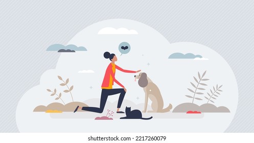 Pet sitter and looking after animals as service offer tiny person concept. Professional woman for dog or cat care while owner is away vector illustration. Female love her job as cute puppy friend.