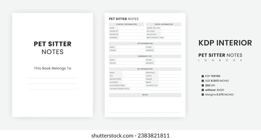 Plantilla de lista de comprobación imprimible de notas del sitio de la mascota. Perro, gato u otra información sobre animales Interior KDP