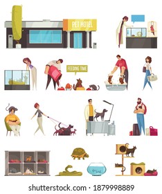 Pet sitter service set with isolated icons and images of pets with cradles and human characters vector illustration