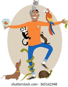 Pet Sitter. Smiling young man surrounded with different pet animals, EPS 8 vector illustration, no transparencies 