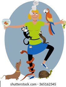 Pet Sitter. Smiling young woman surrounded with different pet animals, EPS 8 vector illustration, no transparencies 