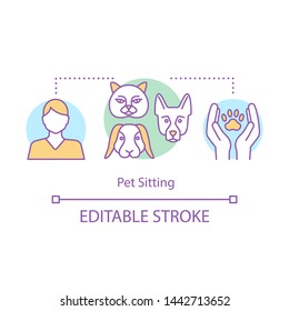 Pet sitting concept icon. Animal shelter. Hotel for animals. Protection, care for dogs, cats, rabbits. Vet clinic idea thin line illustration. Vector isolated outline drawing. Editable stroke