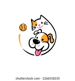 pet sitting logo with cartoon dog and cat playing with ball in line art style. vector