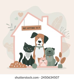 Pet sitting services. Various pets at home. Overnight house sitter. Domestic animal daycare. Adorable cats, dogs and hamster. flat vector illustration