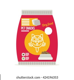 Pet snacks in pouches. Vector icon of cat dry food. Icon design for illustration, pet shop, advertising. Flat style.