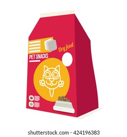 Pet snacks in pouches. Vector icon of cat dry food. Icon design for illustration, pet shop, advertising. Flat style.