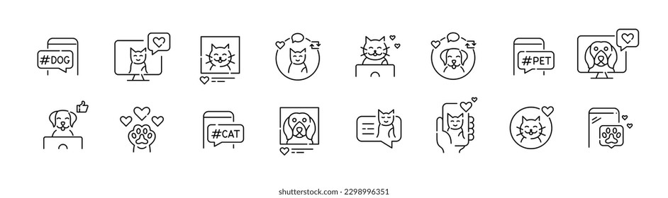 Pet social media presence. Cat and dog bloggers. Pixel perfect, editable stroke line icons set