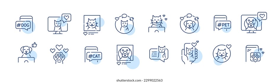 Pet social media presence. Cat and dog bloggers. Pixel perfect, editable stroke line art icons set