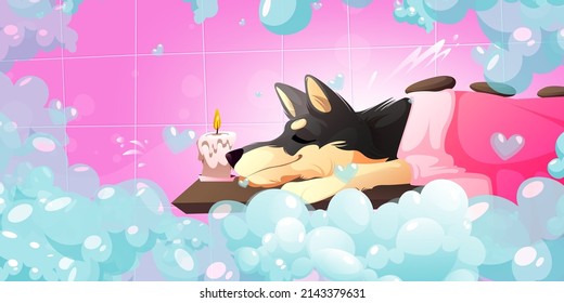 Pet Spa Salon With Cute Dog Lying With Towel And Stones. Vector Cartoon Illustration Of Grooming Service For Domestic Animals. Happy Dog Relax In Bathroom With Soap Foam And Candle