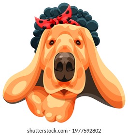 A pet. Sticker. Vector image. The dog with a bow on its head rested its head on its paws.