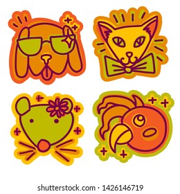 Pet stickers. Hand drawn portraits of animal friends: dog, cat, parrot, wearing accessories, looking cool. Simple doodle illustration.