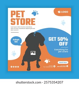 Pet store, Adoption, Food, and Healthcare Service Social Media Post Design or Pet Business Web banner and online Post Square Banner Template