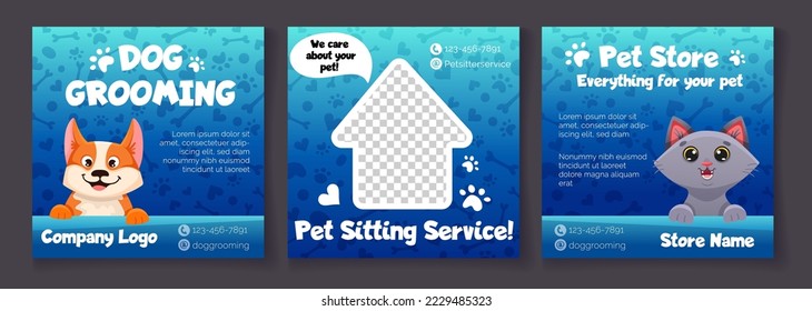 Pet store banner for social media posts with cute cat. Dog grooming square template. Vector cartoon illustration for your design 