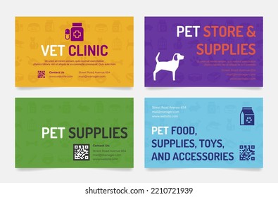 Pet Store Business Card Set Vector Illustration. Vet Service Shop Supplies For Domestic Animal Branding Identification Namecard Design With QR Code. Veterinarian Clinic Professional Consultation Promo