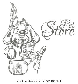 Pet store. Cartoon dog, cat, parrot and aquarium fish. Outline vector illustration isolated on white background for advertising banners, flyers, posters and other items.