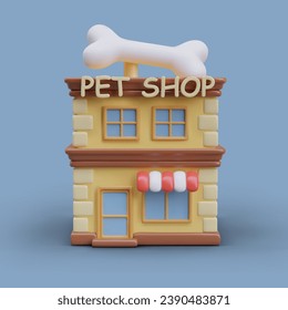 Pet store in cartoon style. Purchase of food, medicines and various products for animals. Vector illustration in 3d realistic style with blue background