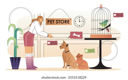 Concepto de tienda de mascotas. Mujer con gato, loro y perro dentro del mercado con comida para mascotas. Juguetes para animales domésticos. Generosidad y bondad. Ilustración vectorial plana aislada sobre fondo blanco