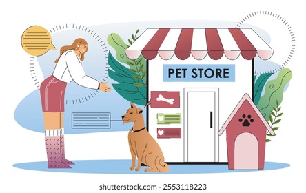 Concepto de tienda de mascotas. Perro de la mujer cerca del mercado en línea. Alimentos y juguetes para animales domésticos. Generosidad y bondad. el comercio Electrónica. Ilustración vectorial plana aislada sobre fondo blanco