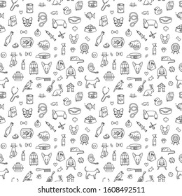 Pet store for dogs, cats, birds and other domestic animals seamless pattern background black and white. Vector illustration doodles, set of pet shop goods in thin line art sketch style