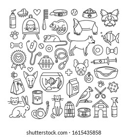 Pet store for dogs, cats, birds and other domestic animals square pattern background black and white. Vector illustration doodles, set of pet shop supplies in thin line art sketch style