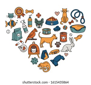 Pet store for dogs, cats, birds and other domestic animals heart shape pattern colored background. Vector illustration doodles, set of pet shop supplies in thin line art sketch style
