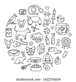 Pet store for dogs, cats, birds and other domestic animals round pattern background black and white. Vector illustration doodles, set of pet shop supplies in thin line art sketch style