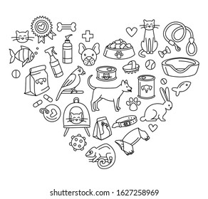 Pet store for dogs, cats, birds and other domestic animals heart shape pattern background black and white. Vector illustration doodles, set of pet shop supplies in thin line art sketch style