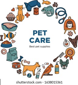 Pet store for dogs, cats, birds and other domestic animals round pattern background black and white. Vector illustration doodles, set of pet shop supplies in thin line art sketch style