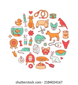 Pet store for dogs, cats, birds and other domestic animals round pattern colored background. Vector illustration doodles, set of pet shop supplies in thin line art sketch style