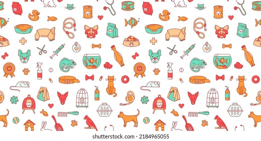 Pet store for dogs, cats, birds and other domestic animals seamless pattern background. Vector illustration doodles, set of pet shop goods in thin line art sketch style