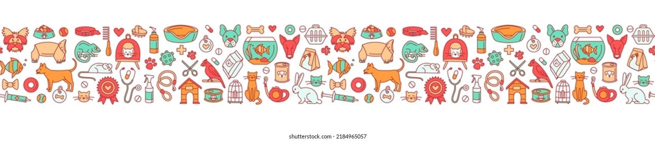 Pet store for dogs, cats, birds and other domestic animals seamless pattern background. Vector illustration doodles, set of pet shop goods in thin line art sketch style