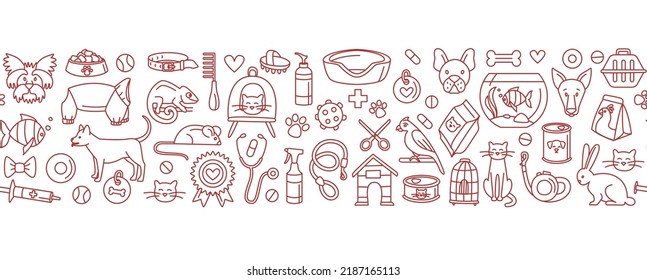 Pet store for dogs, cats, birds and other domestic animals seamless pattern background. Vector illustration doodles, set of pet shop goods in thin line art sketch style