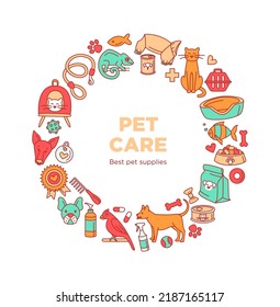 Pet store for dogs, cats, birds and other domestic animals round pattern background black and white. Vector illustration doodles, set of pet shop supplies in thin line art sketch style