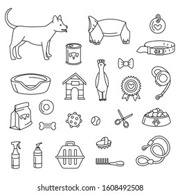 Pet store for dogs set black and white. Vector illustration doodles, set of pet shop goods in thin line art sketch style