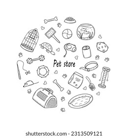 Pet store doodle, a set of icons of goods for the animal store. Vector illustration.