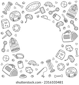 Pet store doodle, a set of icons of goods for the animal store. Vector illustration.