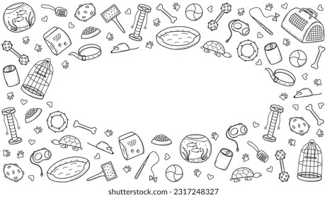 Pet store doodle, a set of icons of goods for the animal store. Vector illustration.