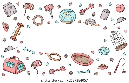 Doodle de tienda de mascotas, un conjunto de íconos de productos para la tienda de animales. Accesorios de ilustraciones vectoriales para perros y gatos de mascota.