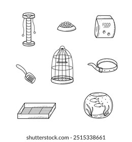 Animal loja doodle, um conjunto de ícones de mercadorias para a loja de animais. Ilustração vetorial.