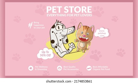 Pet store everything for pet lovers landscape banner design template.