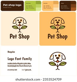 Pet store filled outline colorful company logo. Brand name. Holistic care. Puppy silhouette with leaf symbol. Design element. Fun visual identity. Boogaloo font used. Suitable for pet food, dog treat