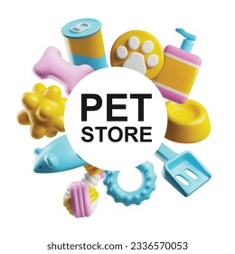 Pet store goods round composition 3D style, vector illustration isolated on white background. Decorative design element, pet toys and items for care, volumetric objects